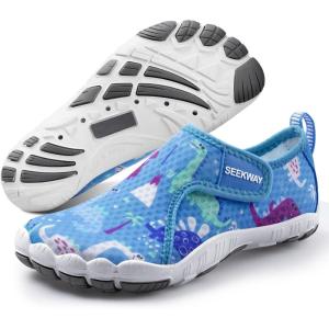 imageSEEKWAY Barefoot Water Shoes for Kids  Wide Toe Box and QuickDry Sand Shoes Toddler for Hiking Swim Beach Pool Kayak Sport Accessories Camping Essentials NonSlip for Boys Girls Sizes3b112 Blue Dinosaur